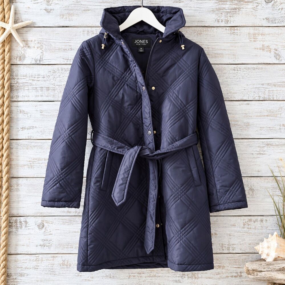NWT Jones New York Navy Quilted Belted Coat M